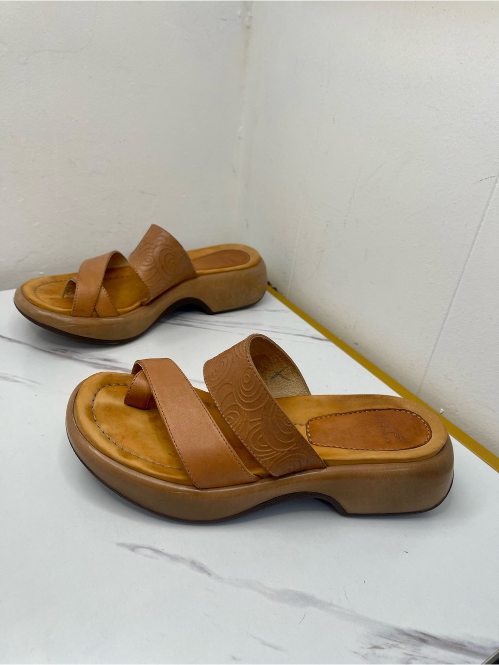Dansko Tan leather sandals, mules with embossed floral pattern, size US 7.5/38